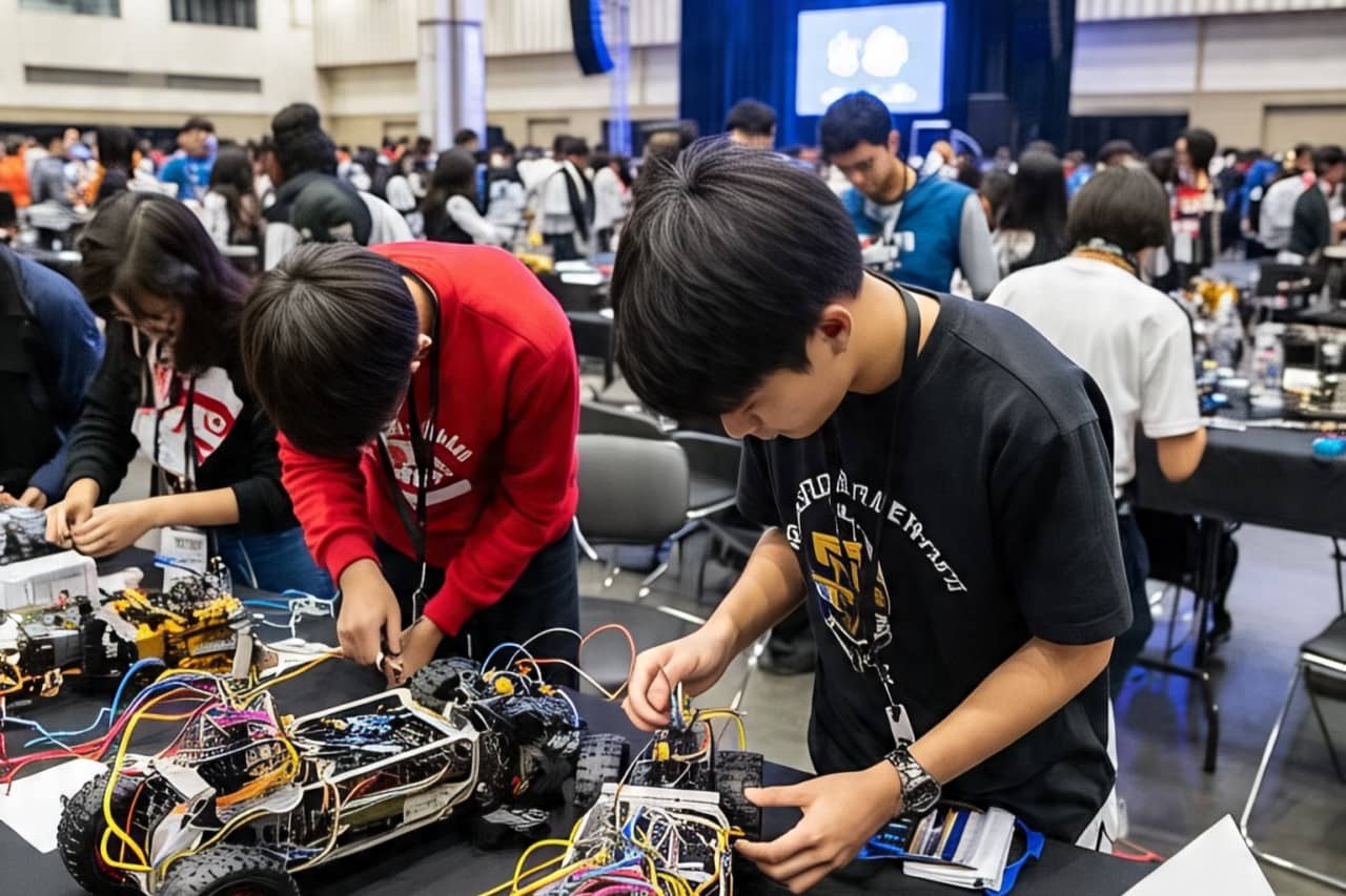 Students working with robots